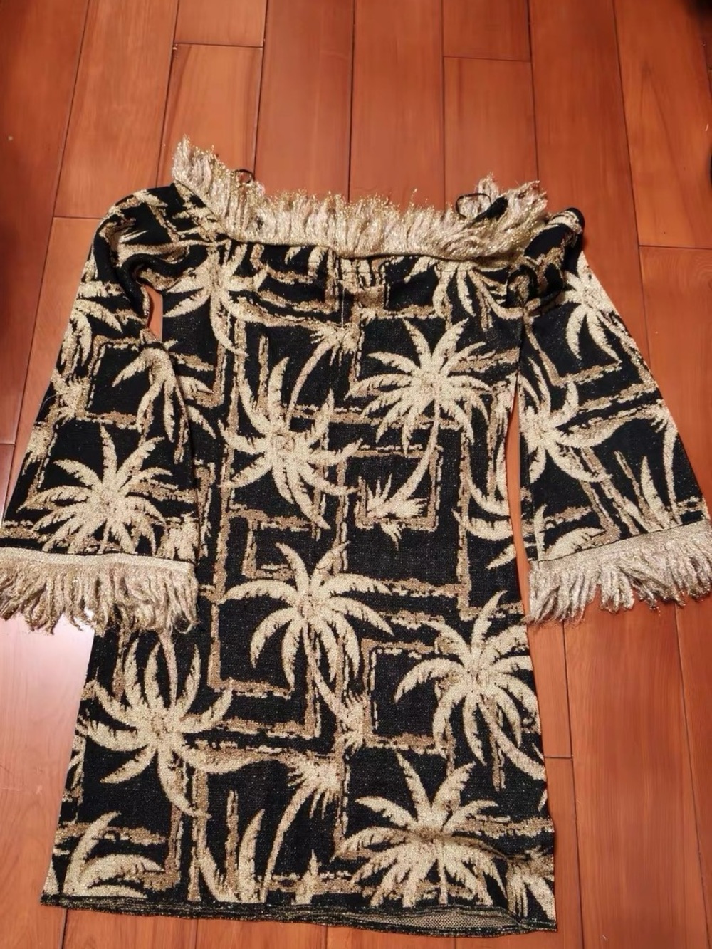 Alice McCall Black and Gold Palm-Print Fringe Mini Dress